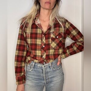Vintage 70’s Sears Plaid Button-down Flannel Shirt - Red and Tan